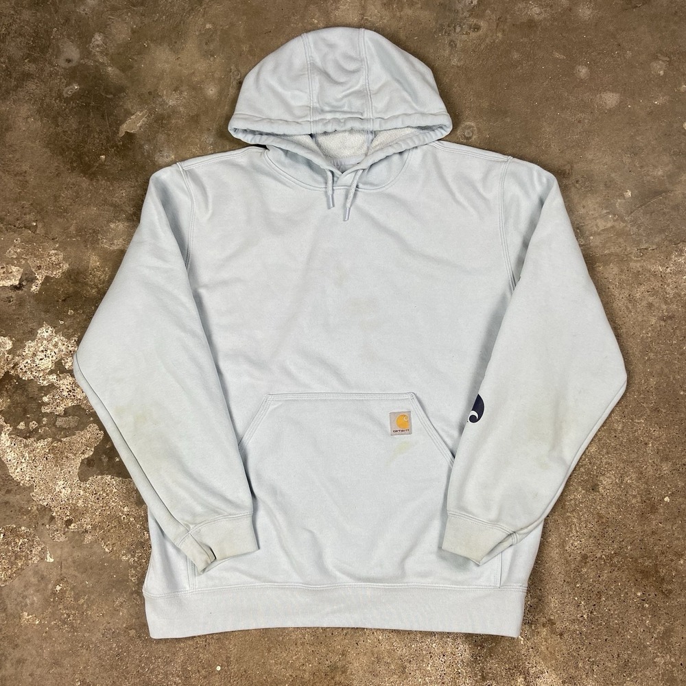 Carhartt Sweatshirt Size Large Light Blue Loose Fit Hooded Pullover Workwear